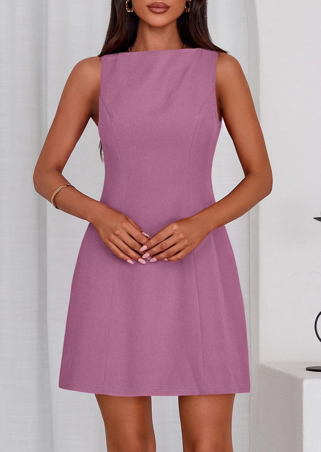 image:imagePRETTYGARDEN Womens Formal Short Dresses A Line Mini Dress Sleeveless Boat Neck Elegant Classy Wedding Guest Dresses Holiday Party Graduation Cocktail Business Casual Work WearPurple