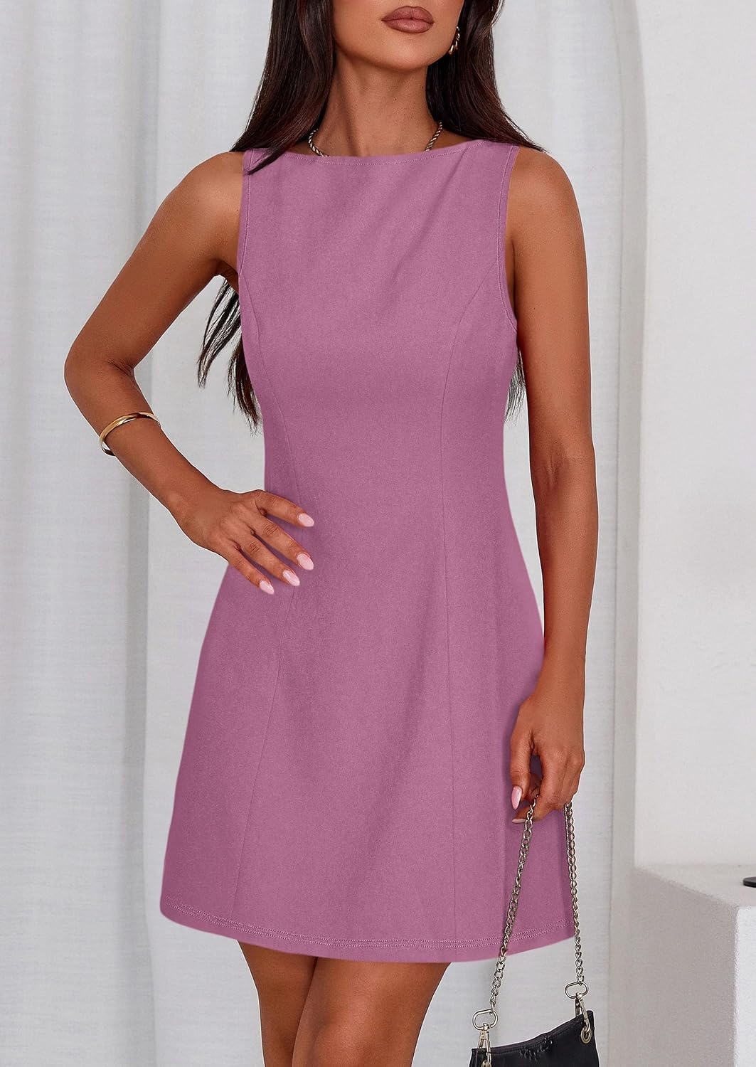 image:imagePRETTYGARDEN Womens Formal Short Dresses A Line Mini Dress Sleeveless Boat Neck Elegant Classy Wedding Guest Dresses Holiday Party Graduation Cocktail Business Casual Work WearPurple