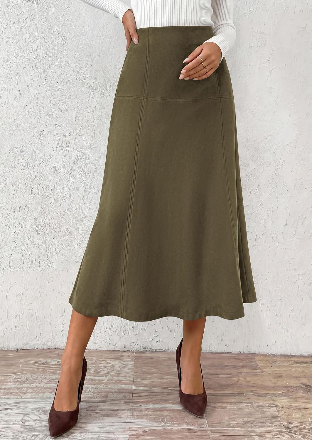 image:imagePRETTYGARDEN Womens High Waist Faux Suede A Line Midi Skirt Hidden Stretch Elastic Waist Front Back Panel Stitching Vintage Elegant MidCalf Long Skirts for Fall Winter Office DailyArmy Green