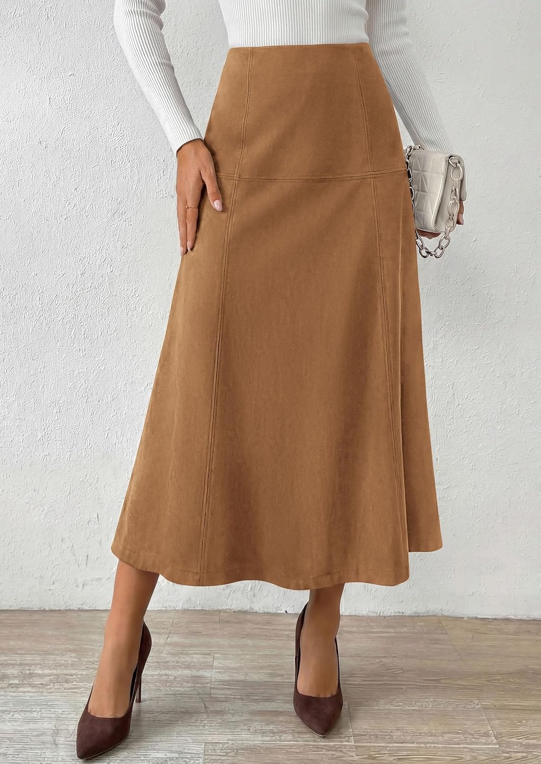 image:imagePRETTYGARDEN Womens High Waist Faux Suede A Line Midi Skirt Hidden Stretch Elastic Waist Front Back Panel Stitching Vintage Elegant MidCalf Long Skirts for Fall Winter Office DailyKhaki
