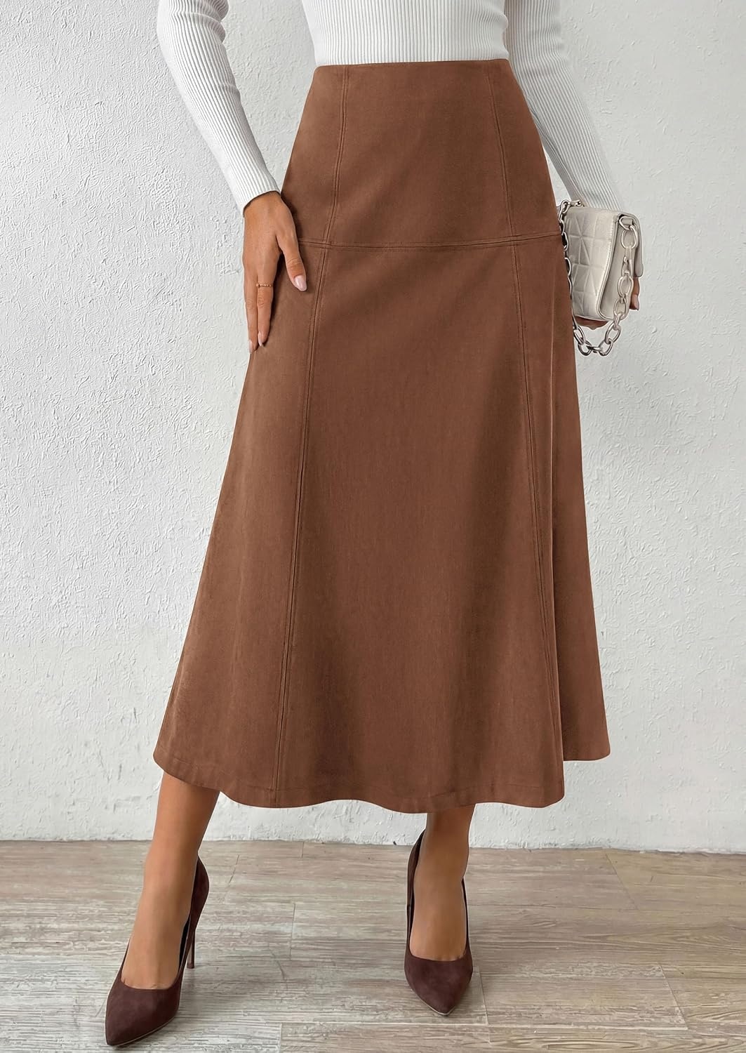 image:imagePRETTYGARDEN Womens High Waist Faux Suede A Line Midi Skirt Hidden Stretch Elastic Waist Front Back Panel Stitching Vintage Elegant MidCalf Long Skirts for Fall Winter Office DailyBrown