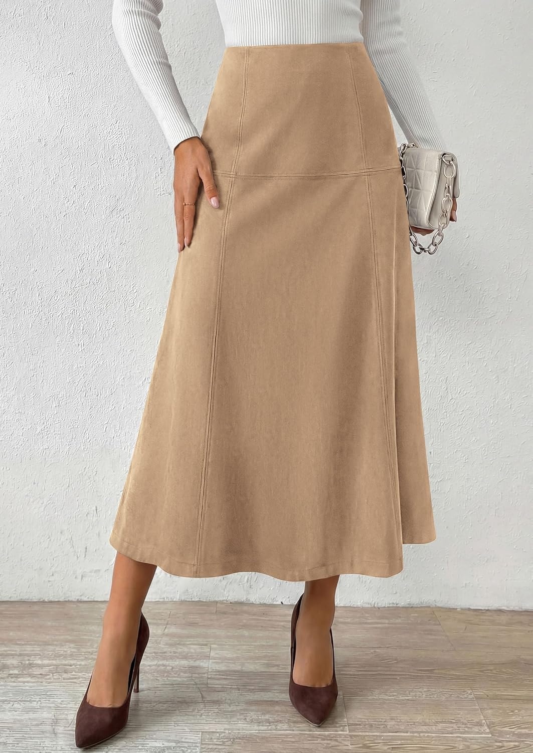 image:imagePRETTYGARDEN Womens High Waist Faux Suede A Line Midi Skirt Hidden Stretch Elastic Waist Front Back Panel Stitching Vintage Elegant MidCalf Long Skirts for Fall Winter Office DailyApricot