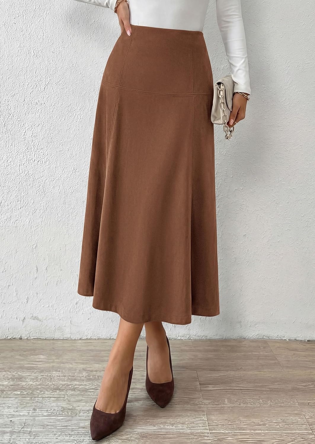 image:imagePRETTYGARDEN Womens High Waist Faux Suede A Line Midi Skirt Hidden Stretch Elastic Waist Front Back Panel Stitching Vintage Elegant MidCalf Long Skirts for Fall Winter Office DailyBrown