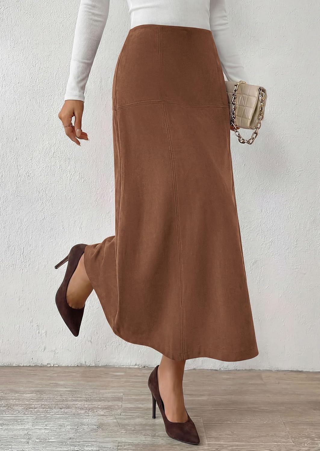 image:imagePRETTYGARDEN Womens High Waist Faux Suede A Line Midi Skirt Hidden Stretch Elastic Waist Front Back Panel Stitching Vintage Elegant MidCalf Long Skirts for Fall Winter Office DailyBrown
