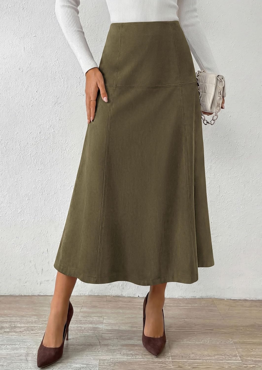 image:imagePRETTYGARDEN Womens High Waist Faux Suede A Line Midi Skirt Hidden Stretch Elastic Waist Front Back Panel Stitching Vintage Elegant MidCalf Long Skirts for Fall Winter Office DailyArmy Green