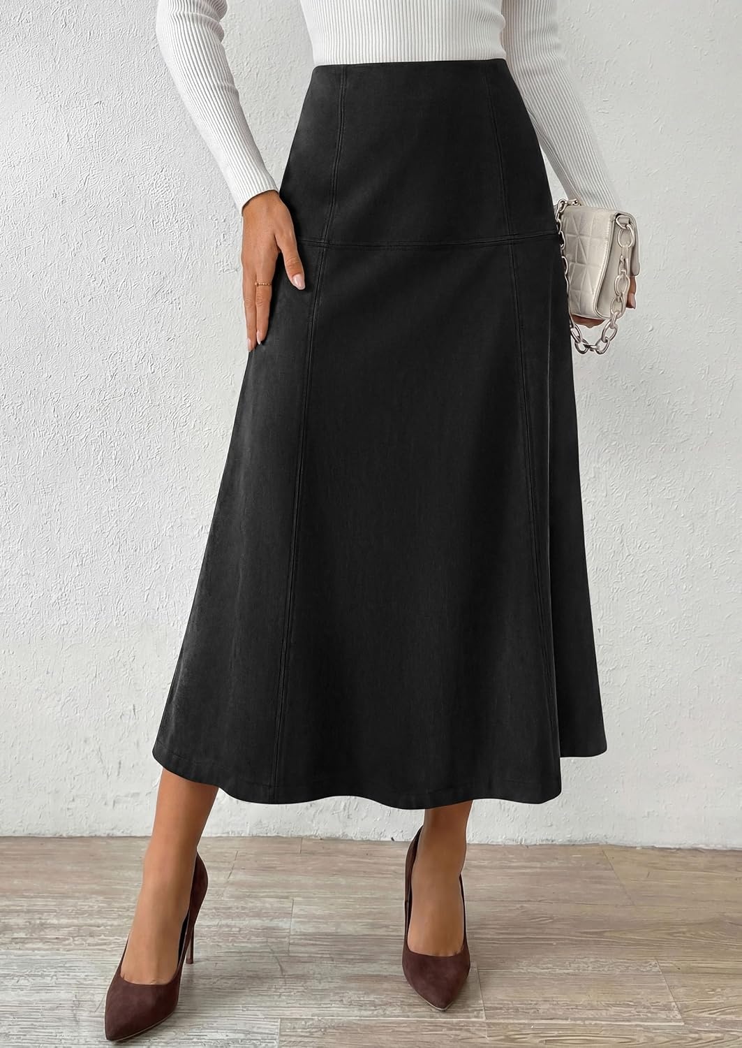 image:imagePRETTYGARDEN Womens High Waist Faux Suede A Line Midi Skirt Hidden Stretch Elastic Waist Front Back Panel Stitching Vintage Elegant MidCalf Long Skirts for Fall Winter Office DailyBlack