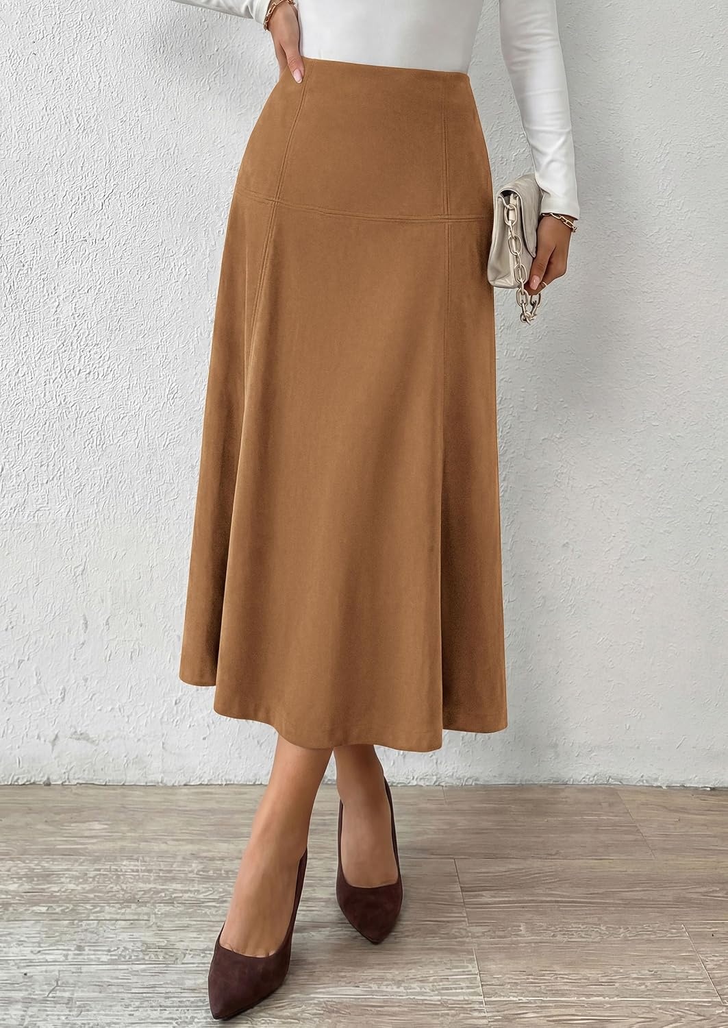 image:imagePRETTYGARDEN Womens High Waist Faux Suede A Line Midi Skirt Hidden Stretch Elastic Waist Front Back Panel Stitching Vintage Elegant MidCalf Long Skirts for Fall Winter Office DailyKhaki
