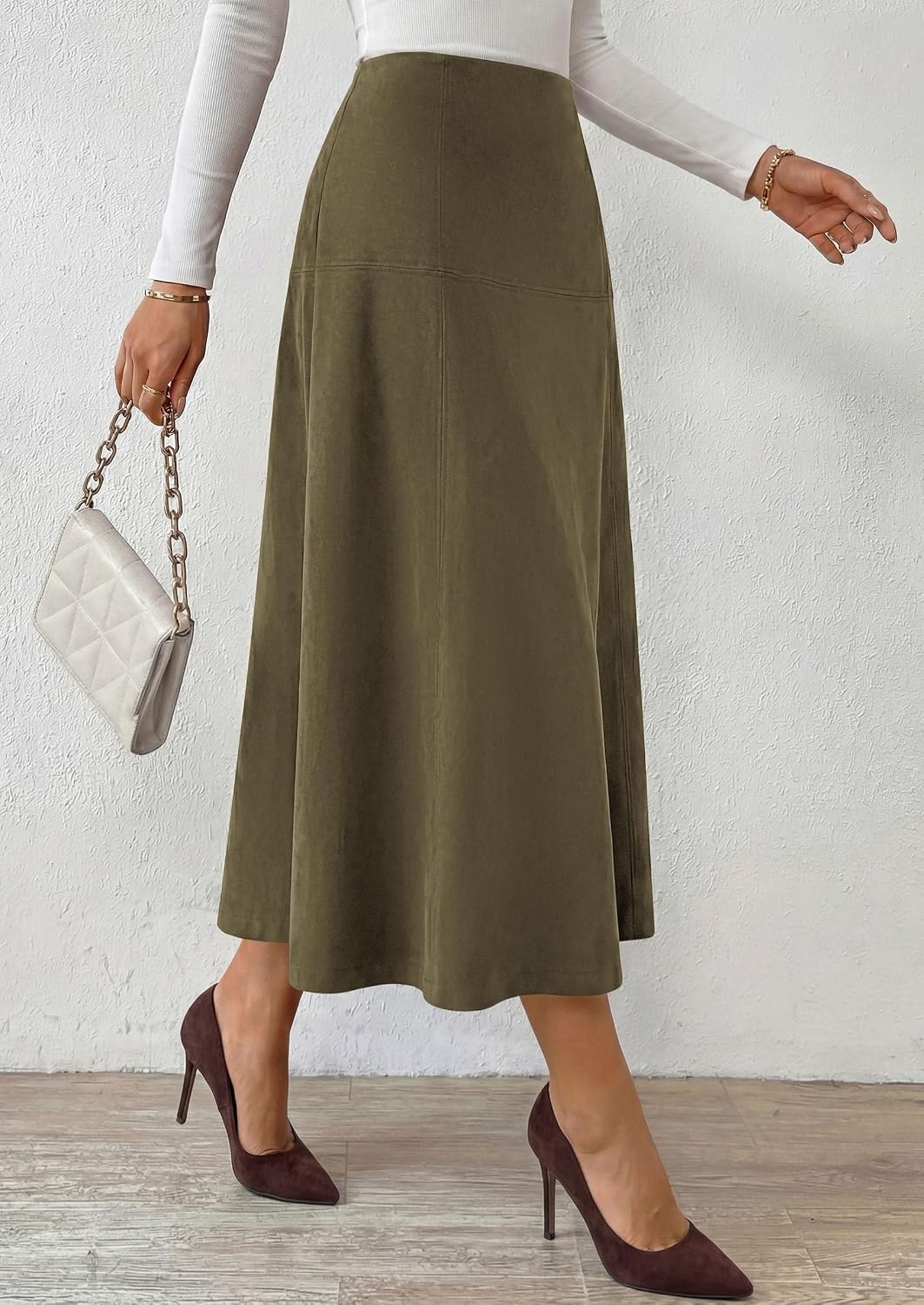 image:imagePRETTYGARDEN Womens High Waist Faux Suede A Line Midi Skirt Hidden Stretch Elastic Waist Front Back Panel Stitching Vintage Elegant MidCalf Long Skirts for Fall Winter Office DailyArmy Green
