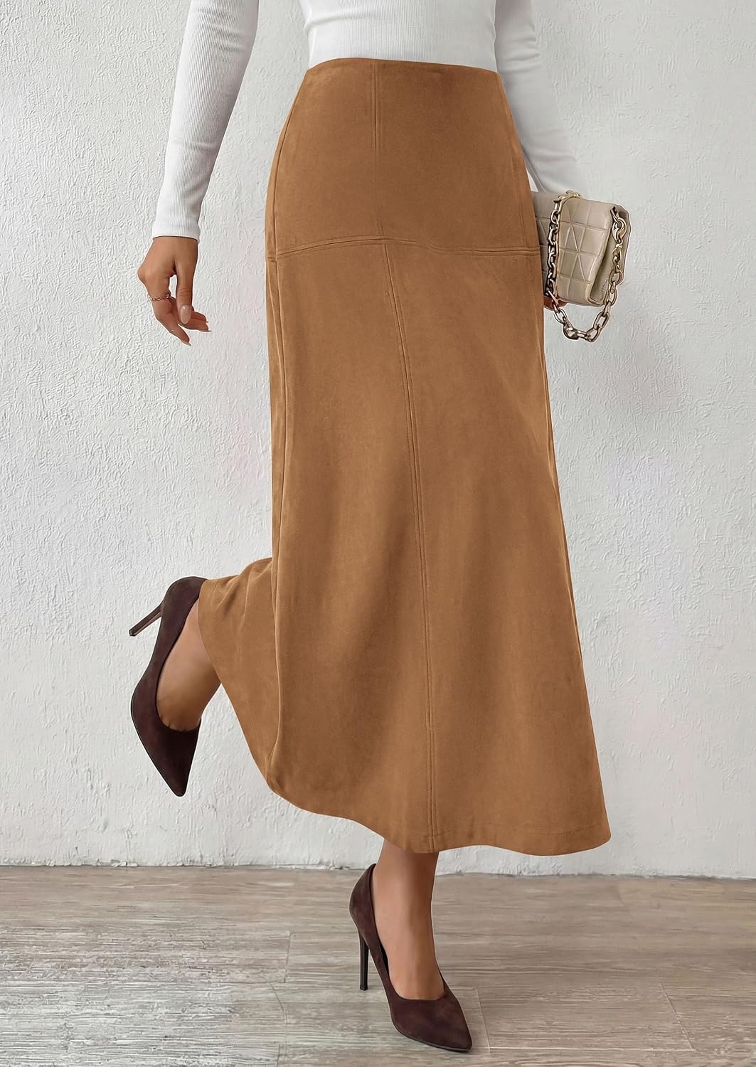 image:imagePRETTYGARDEN Womens High Waist Faux Suede A Line Midi Skirt Hidden Stretch Elastic Waist Front Back Panel Stitching Vintage Elegant MidCalf Long Skirts for Fall Winter Office DailyKhaki