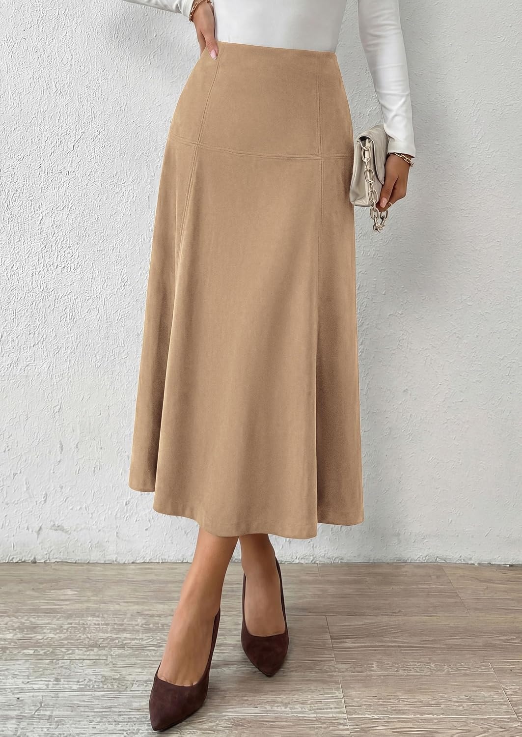 image:imagePRETTYGARDEN Womens High Waist Faux Suede A Line Midi Skirt Hidden Stretch Elastic Waist Front Back Panel Stitching Vintage Elegant MidCalf Long Skirts for Fall Winter Office DailyApricot