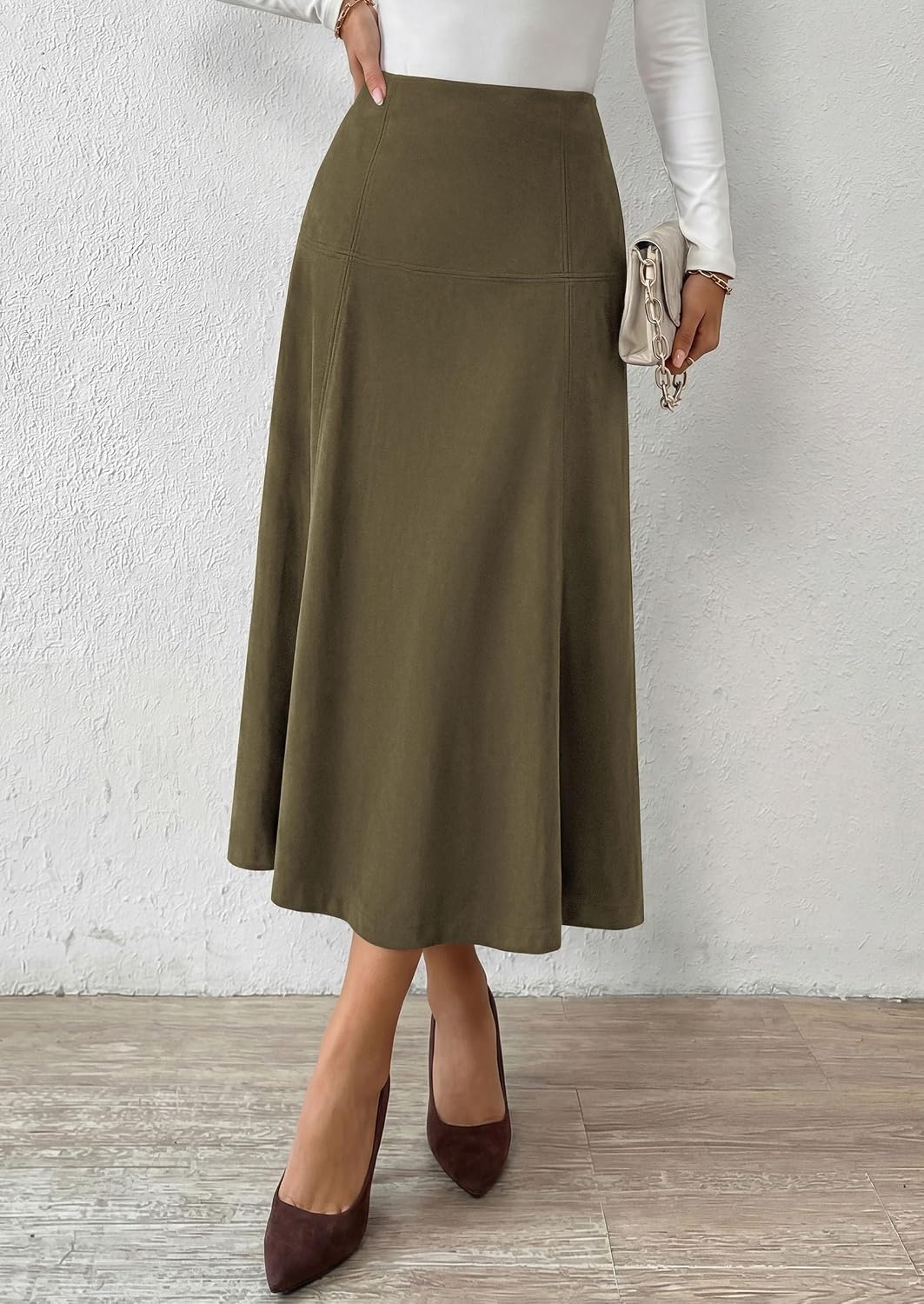 image:imagePRETTYGARDEN Womens High Waist Faux Suede A Line Midi Skirt Hidden Stretch Elastic Waist Front Back Panel Stitching Vintage Elegant MidCalf Long Skirts for Fall Winter Office DailyArmy Green