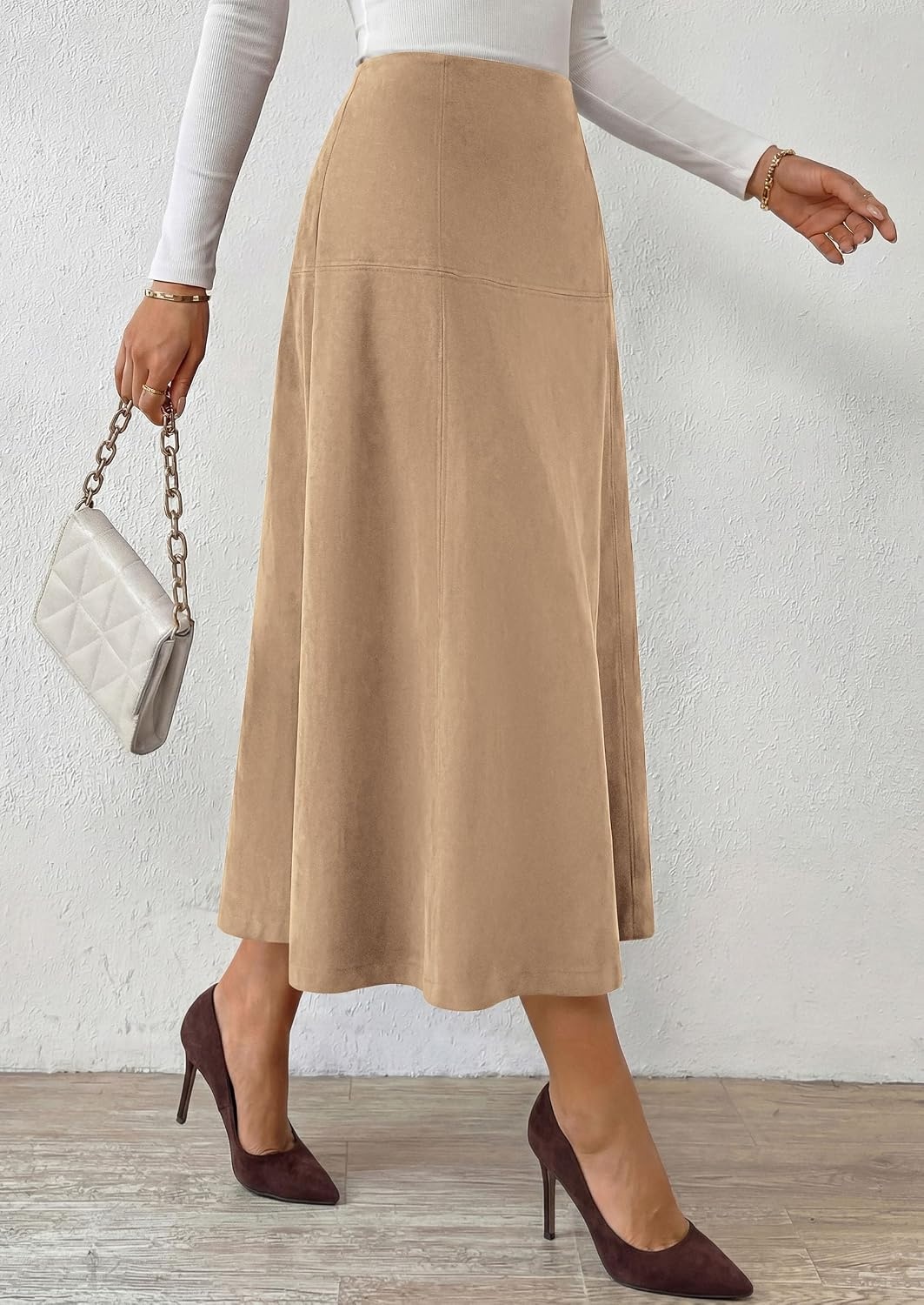image:imagePRETTYGARDEN Womens High Waist Faux Suede A Line Midi Skirt Hidden Stretch Elastic Waist Front Back Panel Stitching Vintage Elegant MidCalf Long Skirts for Fall Winter Office DailyApricot