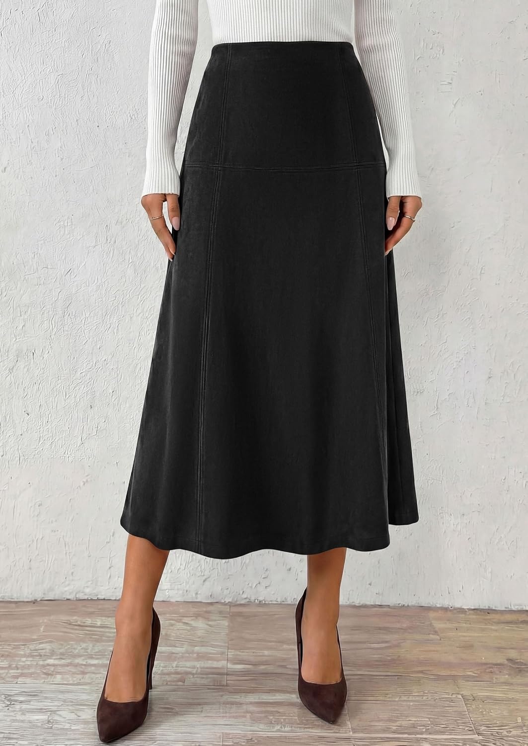 image:imagePRETTYGARDEN Womens High Waist Faux Suede A Line Midi Skirt Hidden Stretch Elastic Waist Front Back Panel Stitching Vintage Elegant MidCalf Long Skirts for Fall Winter Office DailyBlack
