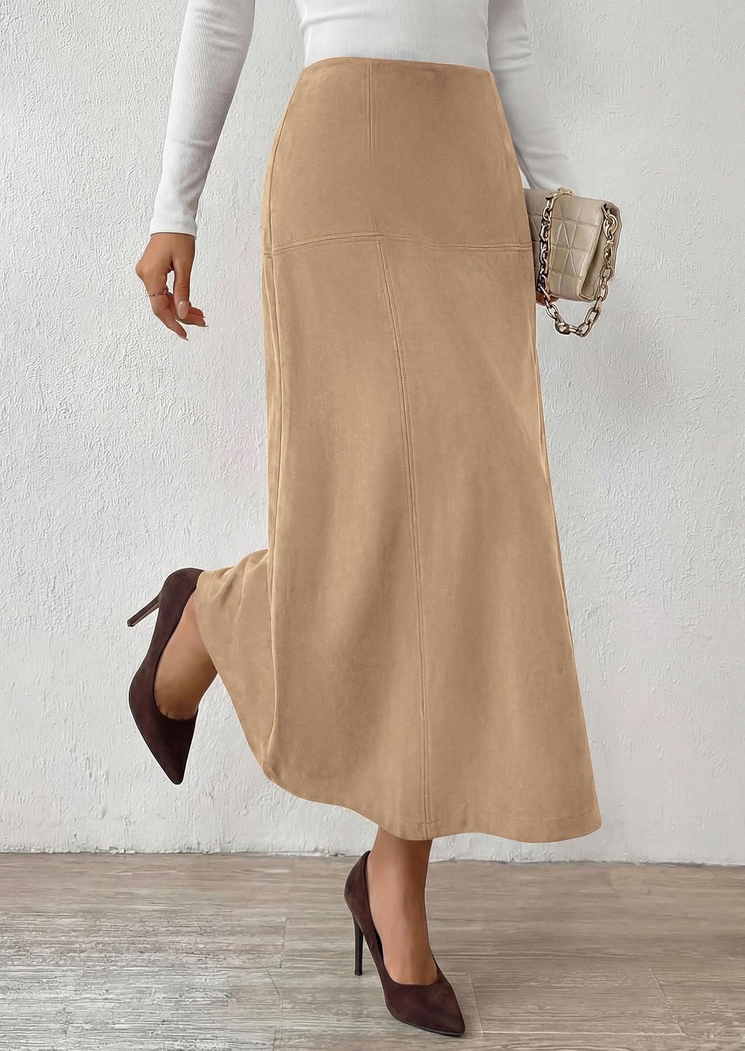 image:imagePRETTYGARDEN Womens High Waist Faux Suede A Line Midi Skirt Hidden Stretch Elastic Waist Front Back Panel Stitching Vintage Elegant MidCalf Long Skirts for Fall Winter Office DailyApricot