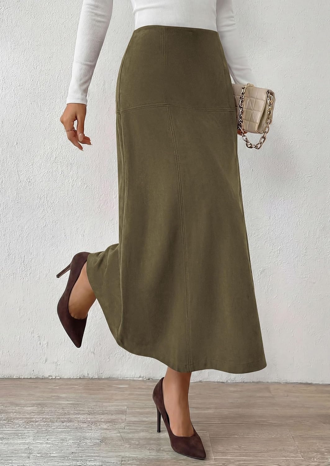 image:imagePRETTYGARDEN Womens High Waist Faux Suede A Line Midi Skirt Hidden Stretch Elastic Waist Front Back Panel Stitching Vintage Elegant MidCalf Long Skirts for Fall Winter Office DailyArmy Green