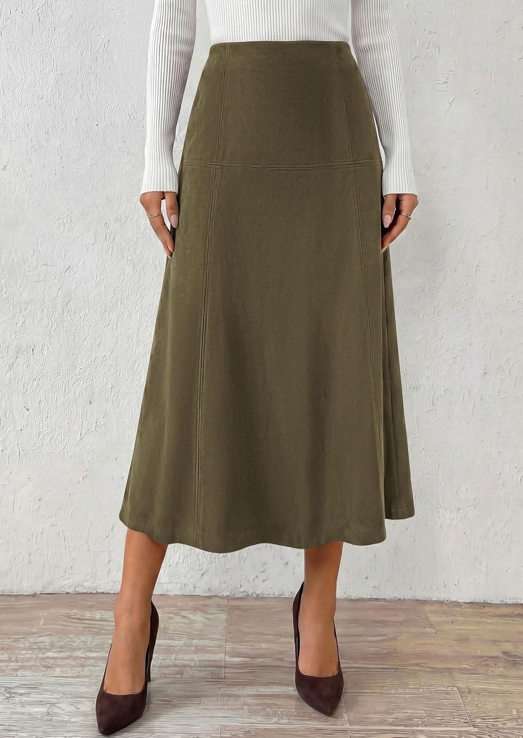 image:imagePRETTYGARDEN Womens High Waist Faux Suede A Line Midi Skirt Hidden Stretch Elastic Waist Front Back Panel Stitching Vintage Elegant MidCalf Long Skirts for Fall Winter Office DailyArmy Green