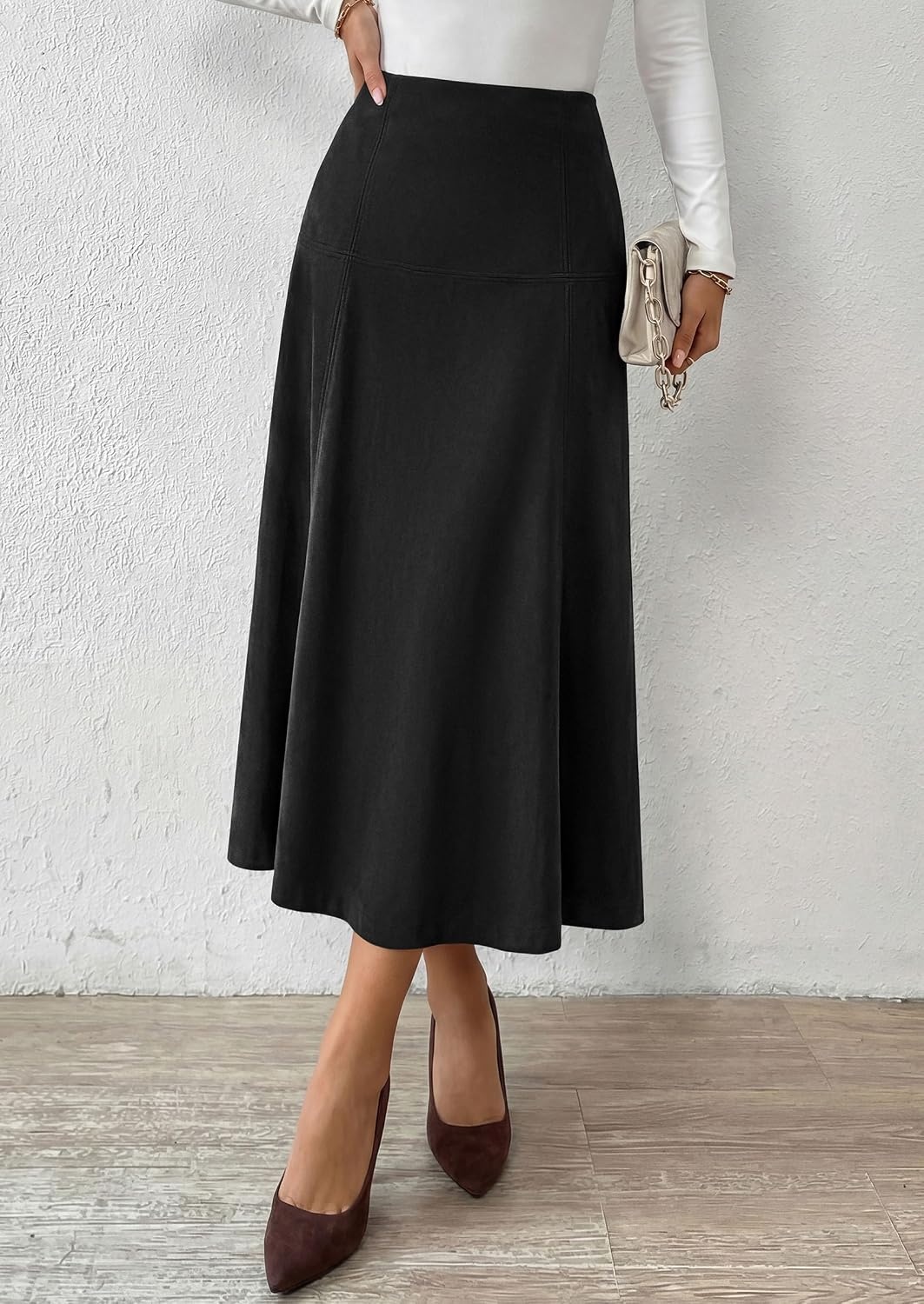 image:imagePRETTYGARDEN Womens High Waist Faux Suede A Line Midi Skirt Hidden Stretch Elastic Waist Front Back Panel Stitching Vintage Elegant MidCalf Long Skirts for Fall Winter Office DailyBlack