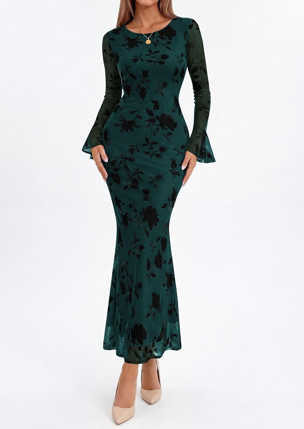 image:imagePRETTYGARDEN Womens Long Sleeve Floral Maxi Mesh Dress Fall Formal Wedding Guest Dresses Bodycon Mermaid Sheer Bell Sleeves Elegant Date Night Outfit for Cocktail Holiday PartyBlue Green