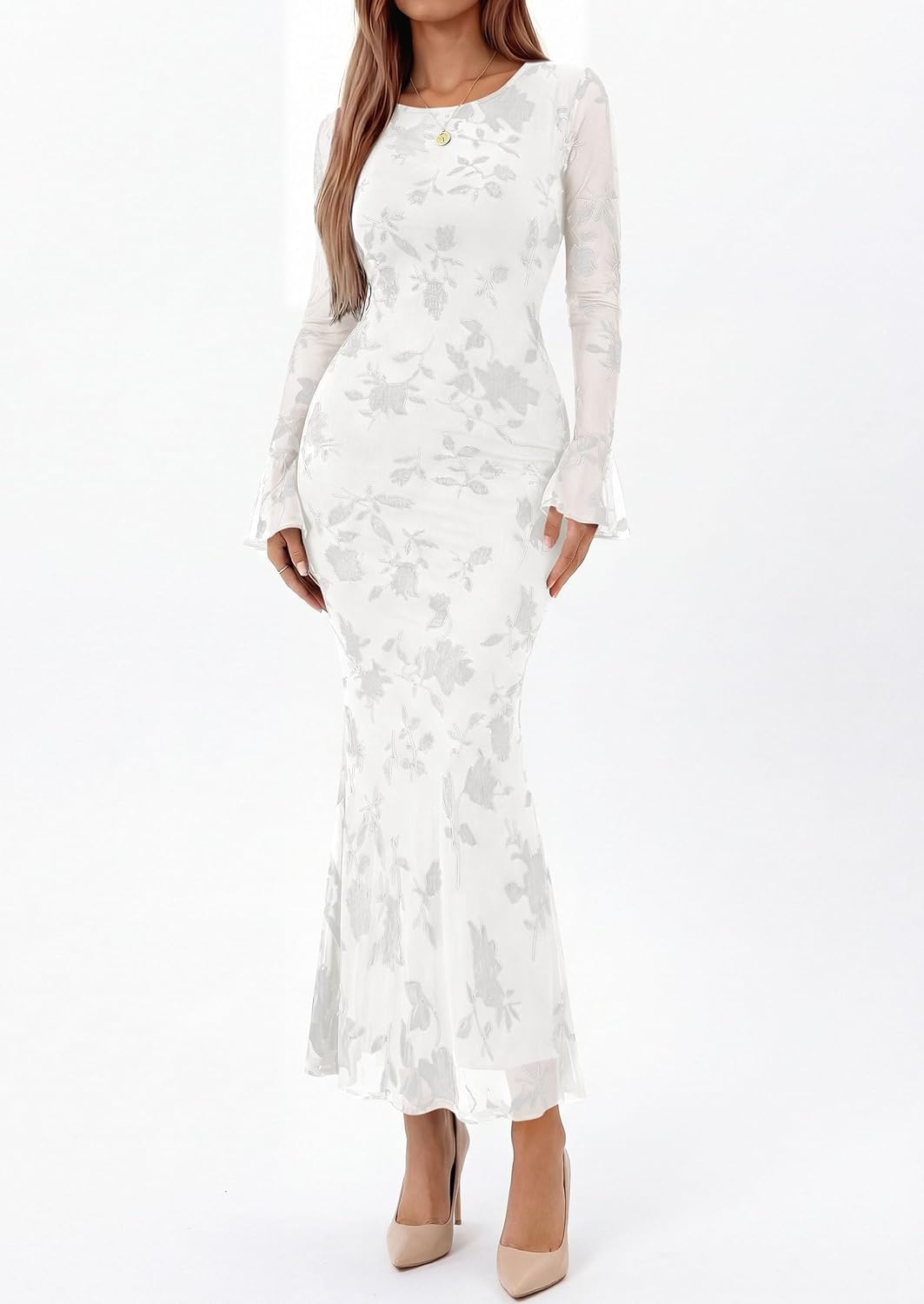 image:imagePRETTYGARDEN Womens Long Sleeve Floral Maxi Mesh Dress Fall Formal Wedding Guest Dresses Bodycon Mermaid Sheer Bell Sleeves Elegant Date Night Outfit for Cocktail Holiday PartyWhite