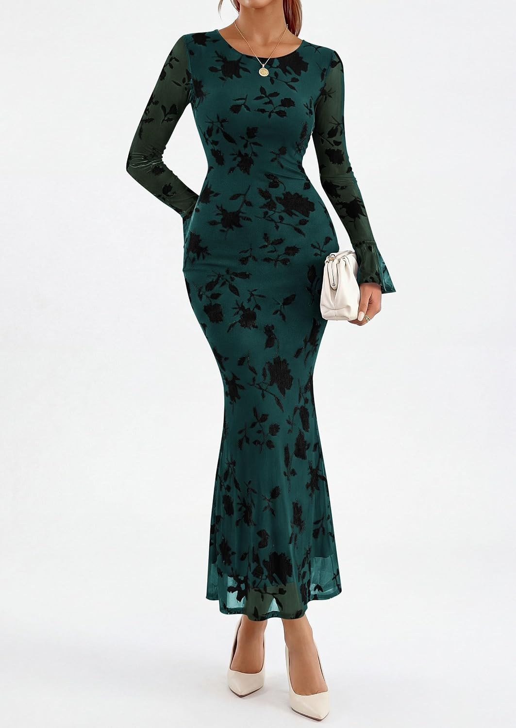 image:imagePRETTYGARDEN Womens Long Sleeve Floral Maxi Mesh Dress Fall Formal Wedding Guest Dresses Bodycon Mermaid Sheer Bell Sleeves Elegant Date Night Outfit for Cocktail Holiday PartyBlue Green