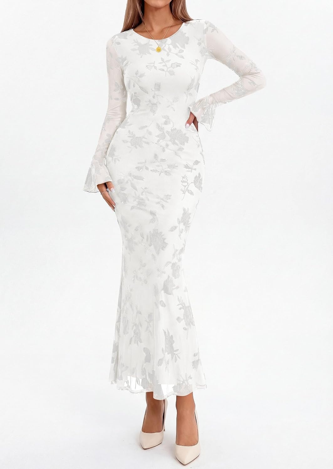 image:imagePRETTYGARDEN Womens Long Sleeve Floral Maxi Mesh Dress Fall Formal Wedding Guest Dresses Bodycon Mermaid Sheer Bell Sleeves Elegant Date Night Outfit for Cocktail Holiday PartyWhite