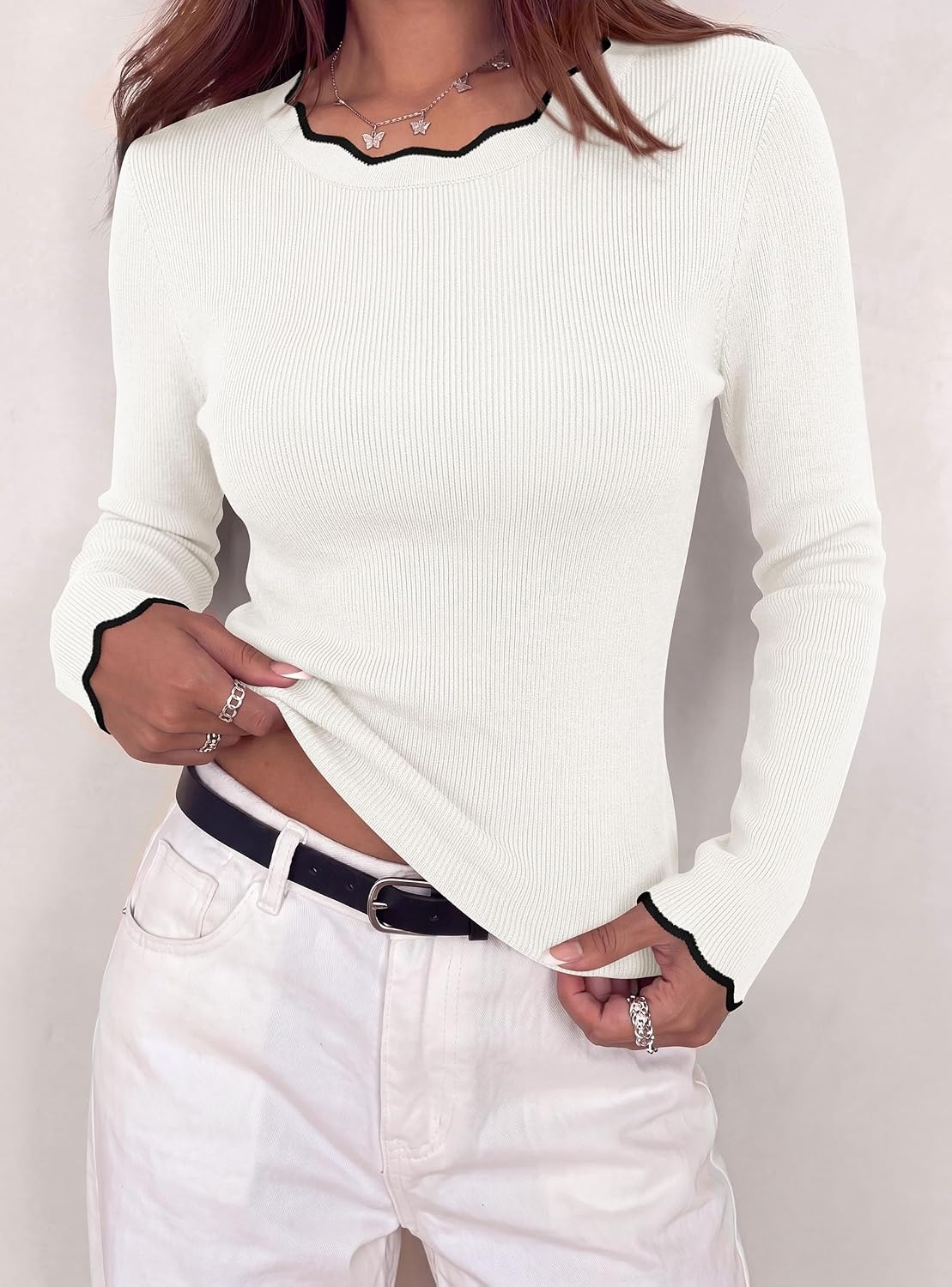 image:imagePRETTYGARDEN Womens Long Sleeve Ribbed Knit Pullover Sweaters Contrast Trim Going Out Tops Soft Stretch Fabric Slim Fitted Scallop Edge Casual Fall Outfits Layering Winter ClothingWhite