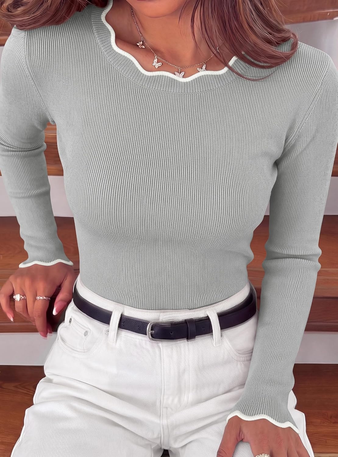 image:imagePRETTYGARDEN Womens Long Sleeve Ribbed Knit Pullover Sweaters Contrast Trim Going Out Tops Soft Stretch Fabric Slim Fitted Scallop Edge Casual Fall Outfits Layering Winter ClothingGrey