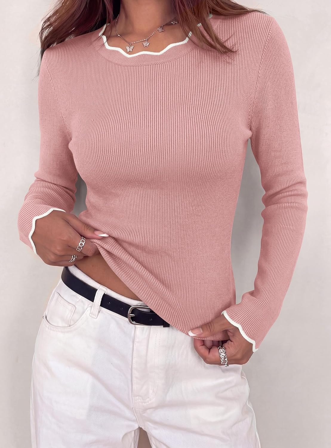 image:imagePRETTYGARDEN Womens Long Sleeve Ribbed Knit Pullover Sweaters Contrast Trim Going Out Tops Soft Stretch Fabric Slim Fitted Scallop Edge Casual Fall Outfits Layering Winter ClothingPink