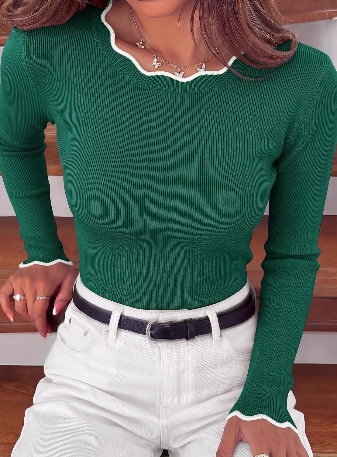 image:imagePRETTYGARDEN Womens Long Sleeve Ribbed Knit Pullover Sweaters Contrast Trim Going Out Tops Soft Stretch Fabric Slim Fitted Scallop Edge Casual Fall Outfits Layering Winter ClothingGreen