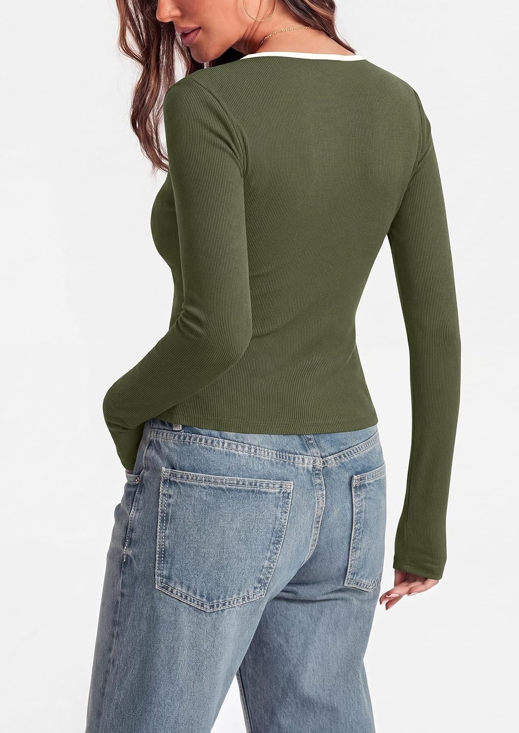 image:imagePRETTYGARDEN Womens Long Sleeve Scoop Neck Shirt Cute Going Out Fall Tops Color Block Ribbed Knit Stretchy Undershirts Y2K Basic Tee Business Casual Tops Work Office Outfits 2026 Fall ClothesArmy Green