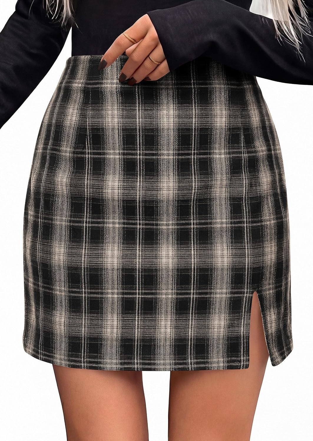 image:imagePRETTYGARDEN Womens Plaid Mini Bodycon Pencil Skirts Going Out Bottoms Skirt with Shorts Underneath High Elastic Waist Slit Fall Y2K Clothes for Date Night amp Holiday PartyBlack