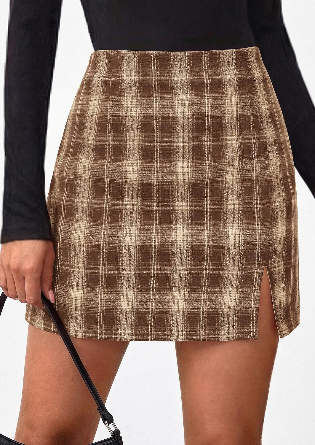 image:imagePRETTYGARDEN Womens Plaid Mini Bodycon Pencil Skirts Going Out Bottoms Skirt with Shorts Underneath High Elastic Waist Slit Fall Y2K Clothes for Date Night amp Holiday PartyKhaki