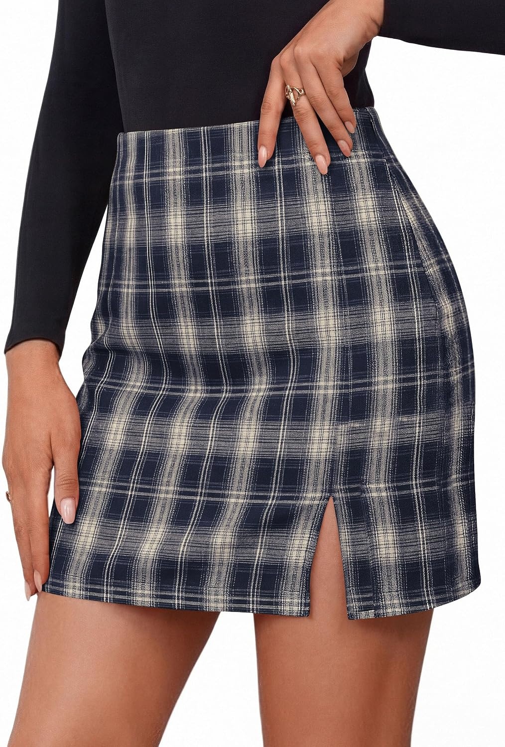 image:imagePRETTYGARDEN Womens Plaid Mini Bodycon Pencil Skirts Going Out Bottoms Skirt with Shorts Underneath High Elastic Waist Slit Fall Y2K Clothes for Date Night amp Holiday PartyNavy Blue