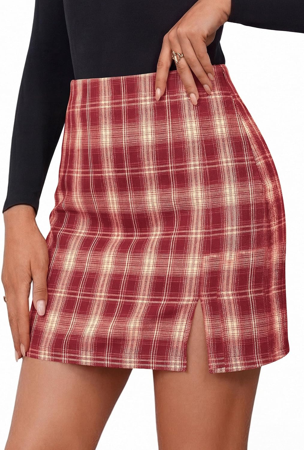 image:imagePRETTYGARDEN Womens Plaid Mini Bodycon Pencil Skirts Going Out Bottoms Skirt with Shorts Underneath High Elastic Waist Slit Fall Y2K Clothes for Date Night amp Holiday PartyBurgundy
