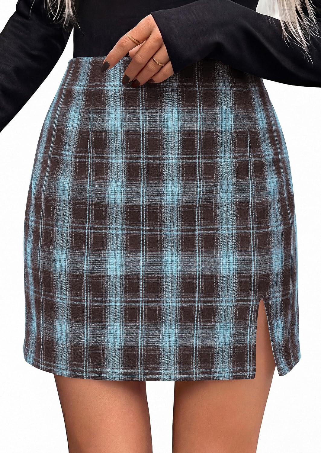 image:imagePRETTYGARDEN Womens Plaid Mini Bodycon Pencil Skirts Going Out Bottoms Skirt with Shorts Underneath High Elastic Waist Slit Fall Y2K Clothes for Date Night amp Holiday PartyBlue