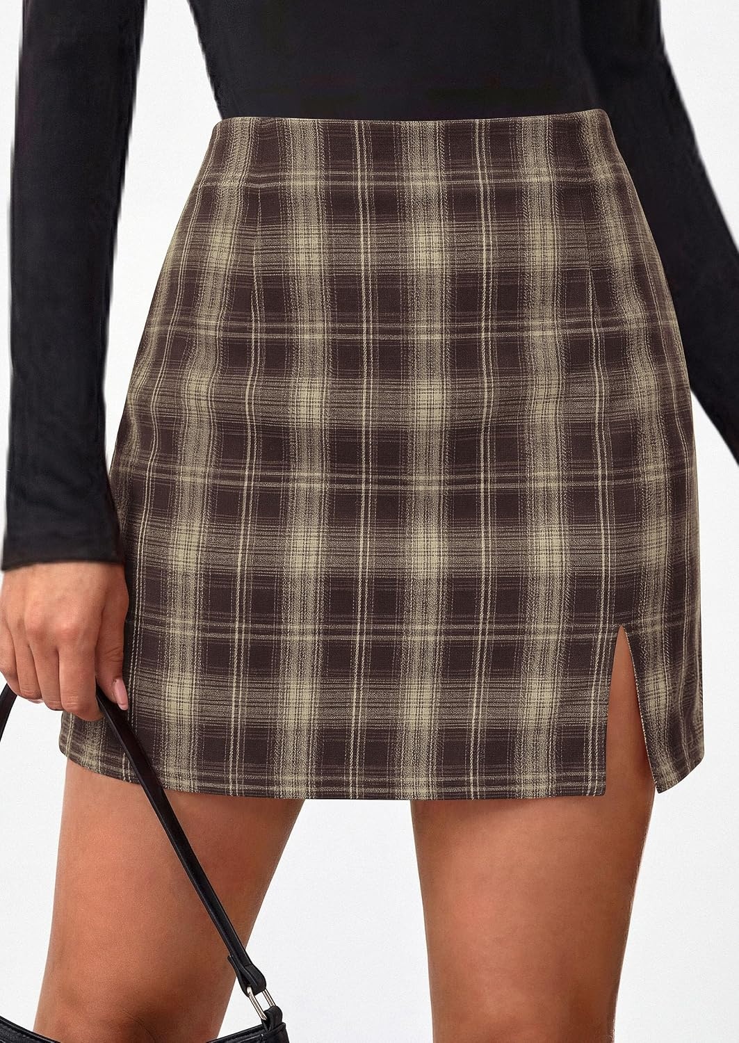 image:imagePRETTYGARDEN Womens Plaid Mini Bodycon Pencil Skirts Going Out Bottoms Skirt with Shorts Underneath High Elastic Waist Slit Fall Y2K Clothes for Date Night amp Holiday PartyCoffee