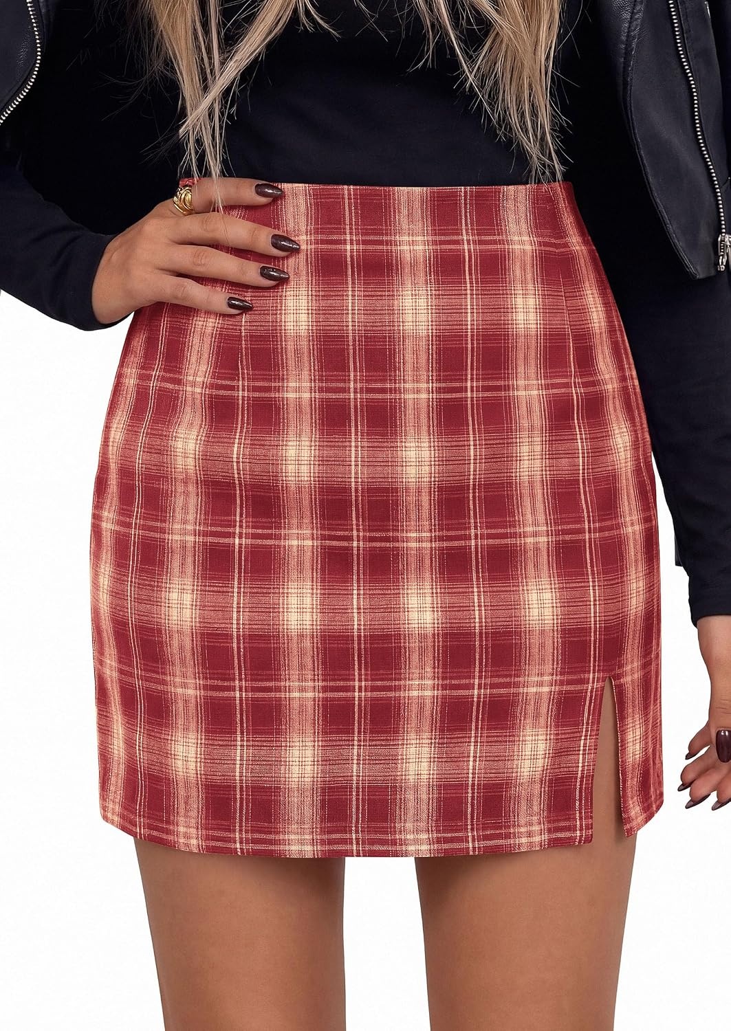 image:imagePRETTYGARDEN Womens Plaid Mini Bodycon Pencil Skirts Going Out Bottoms Skirt with Shorts Underneath High Elastic Waist Slit Fall Y2K Clothes for Date Night amp Holiday PartyBurgundy