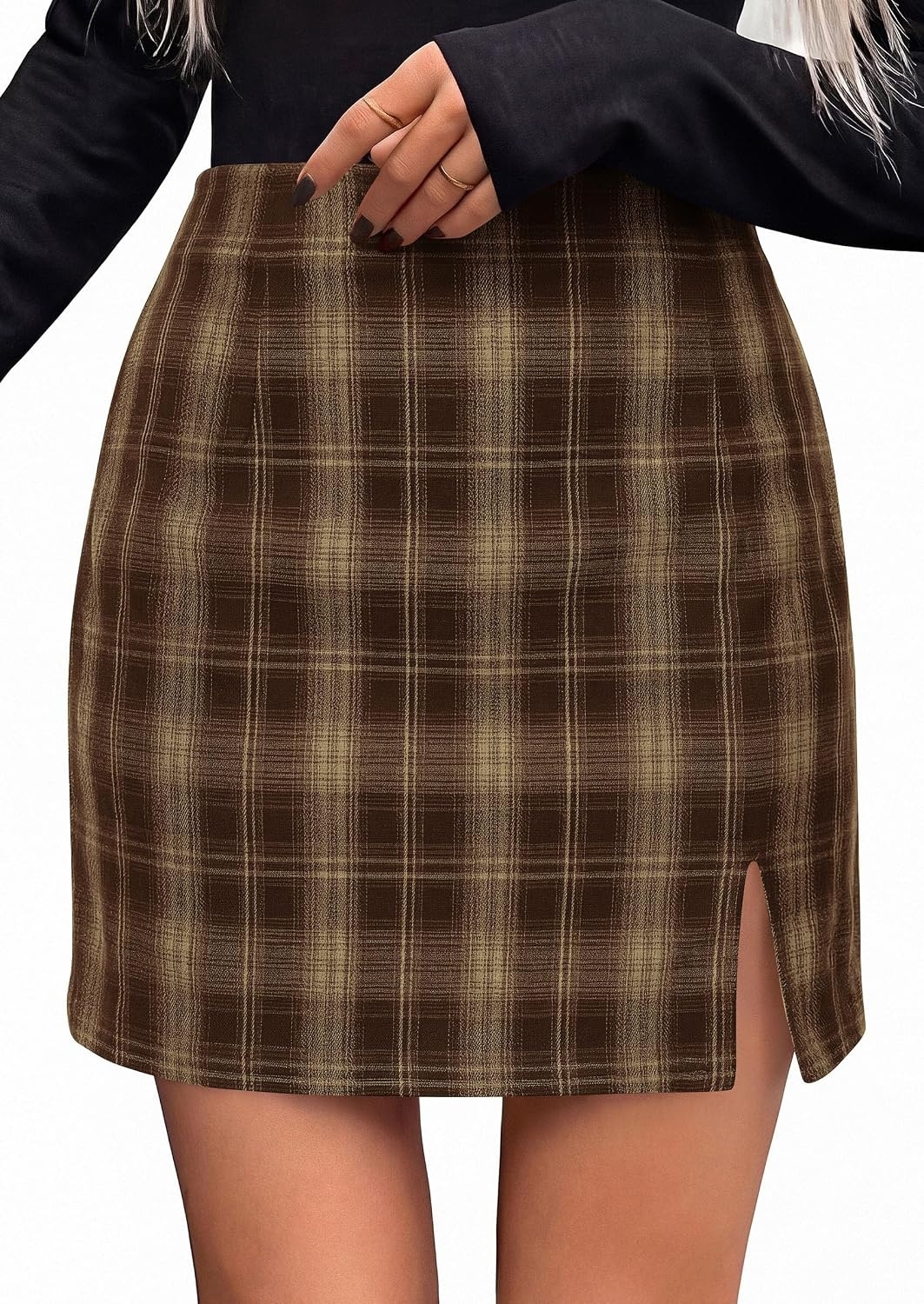 image:imagePRETTYGARDEN Womens Plaid Mini Bodycon Pencil Skirts Going Out Bottoms Skirt with Shorts Underneath High Elastic Waist Slit Fall Y2K Clothes for Date Night amp Holiday PartyBrown Plaid
