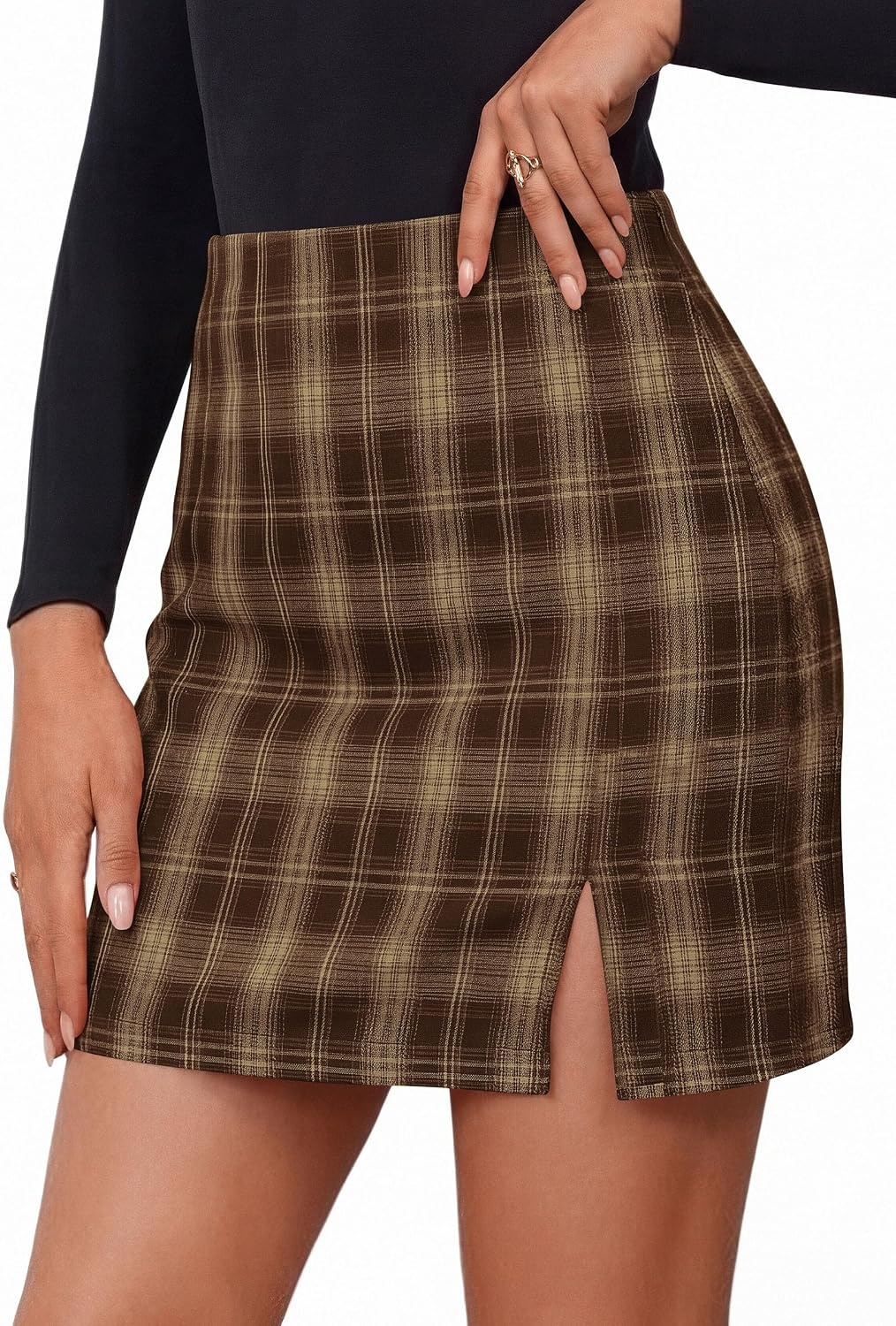 image:imagePRETTYGARDEN Womens Plaid Mini Bodycon Pencil Skirts Going Out Bottoms Skirt with Shorts Underneath High Elastic Waist Slit Fall Y2K Clothes for Date Night amp Holiday PartyBrown Plaid