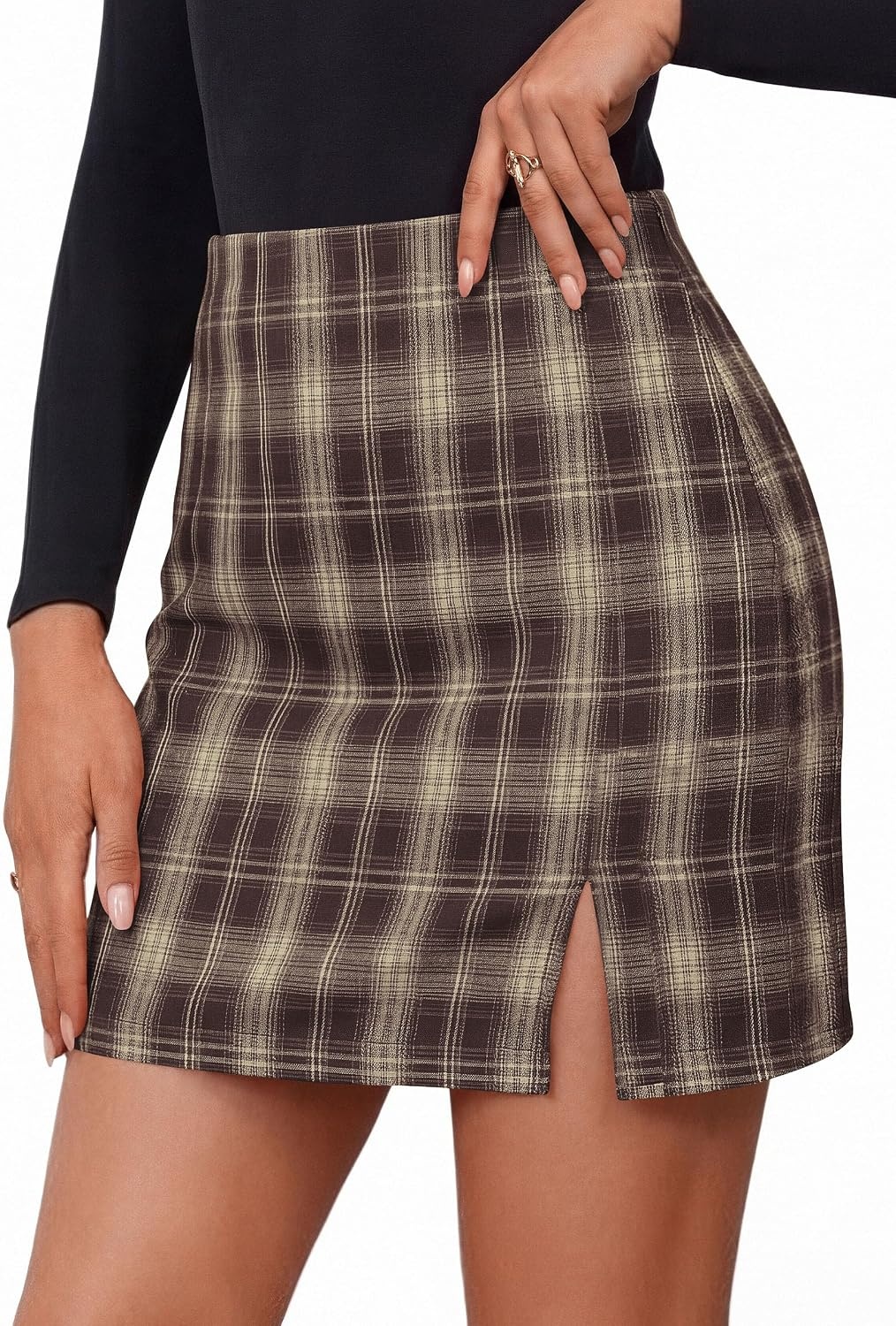 image:imagePRETTYGARDEN Womens Plaid Mini Bodycon Pencil Skirts Going Out Bottoms Skirt with Shorts Underneath High Elastic Waist Slit Fall Y2K Clothes for Date Night amp Holiday PartyCoffee
