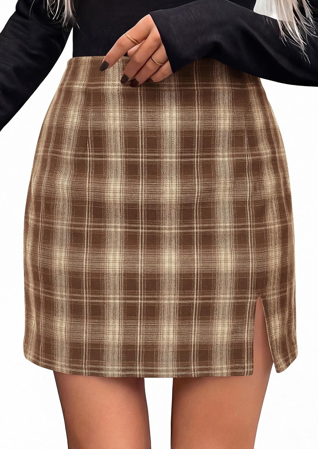 image:imagePRETTYGARDEN Womens Plaid Mini Bodycon Pencil Skirts Going Out Bottoms Skirt with Shorts Underneath High Elastic Waist Slit Fall Y2K Clothes for Date Night amp Holiday PartyKhaki