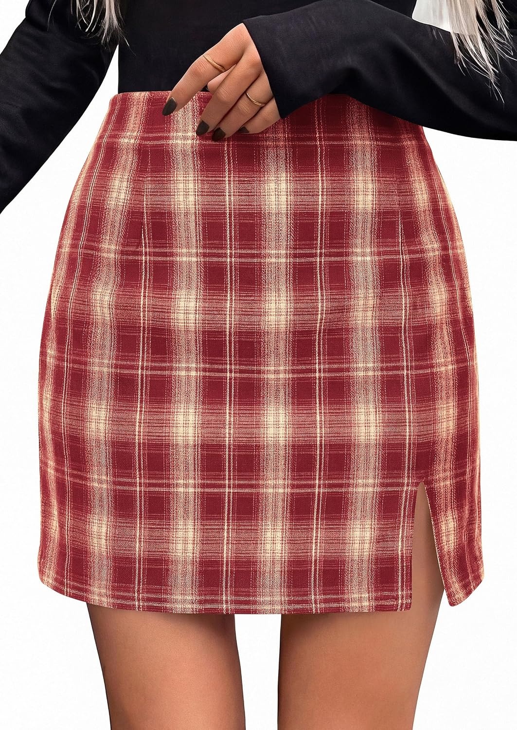image:imagePRETTYGARDEN Womens Plaid Mini Bodycon Pencil Skirts Going Out Bottoms Skirt with Shorts Underneath High Elastic Waist Slit Fall Y2K Clothes for Date Night amp Holiday PartyBurgundy