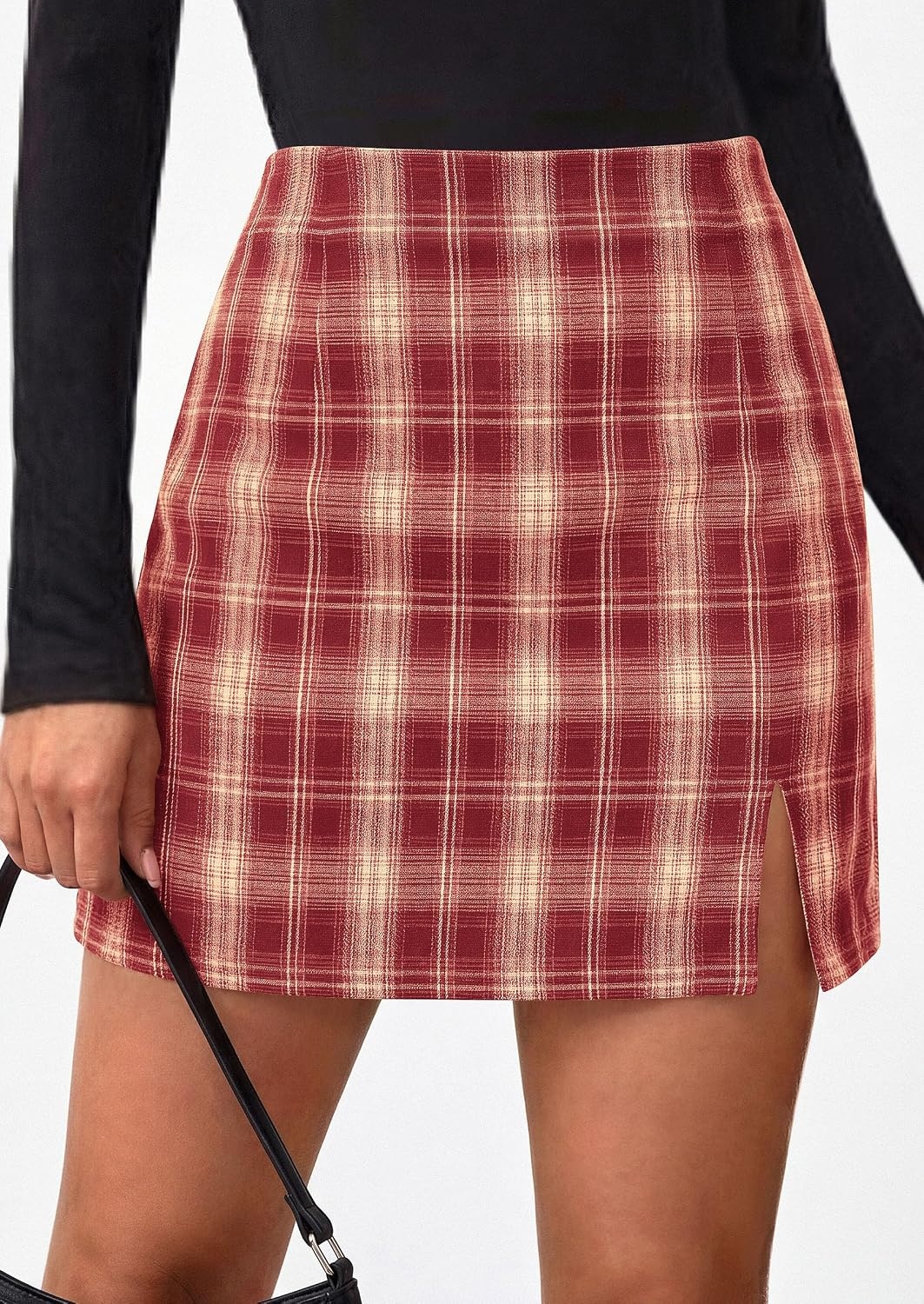 image:imagePRETTYGARDEN Womens Plaid Mini Bodycon Pencil Skirts Going Out Bottoms Skirt with Shorts Underneath High Elastic Waist Slit Fall Y2K Clothes for Date Night amp Holiday PartyBurgundy