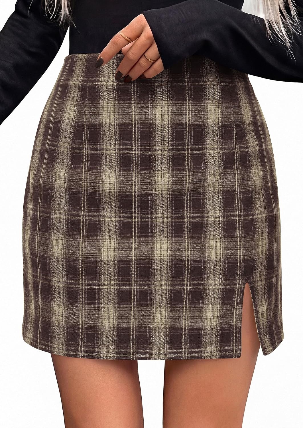 image:imagePRETTYGARDEN Womens Plaid Mini Bodycon Pencil Skirts Going Out Bottoms Skirt with Shorts Underneath High Elastic Waist Slit Fall Y2K Clothes for Date Night amp Holiday PartyCoffee