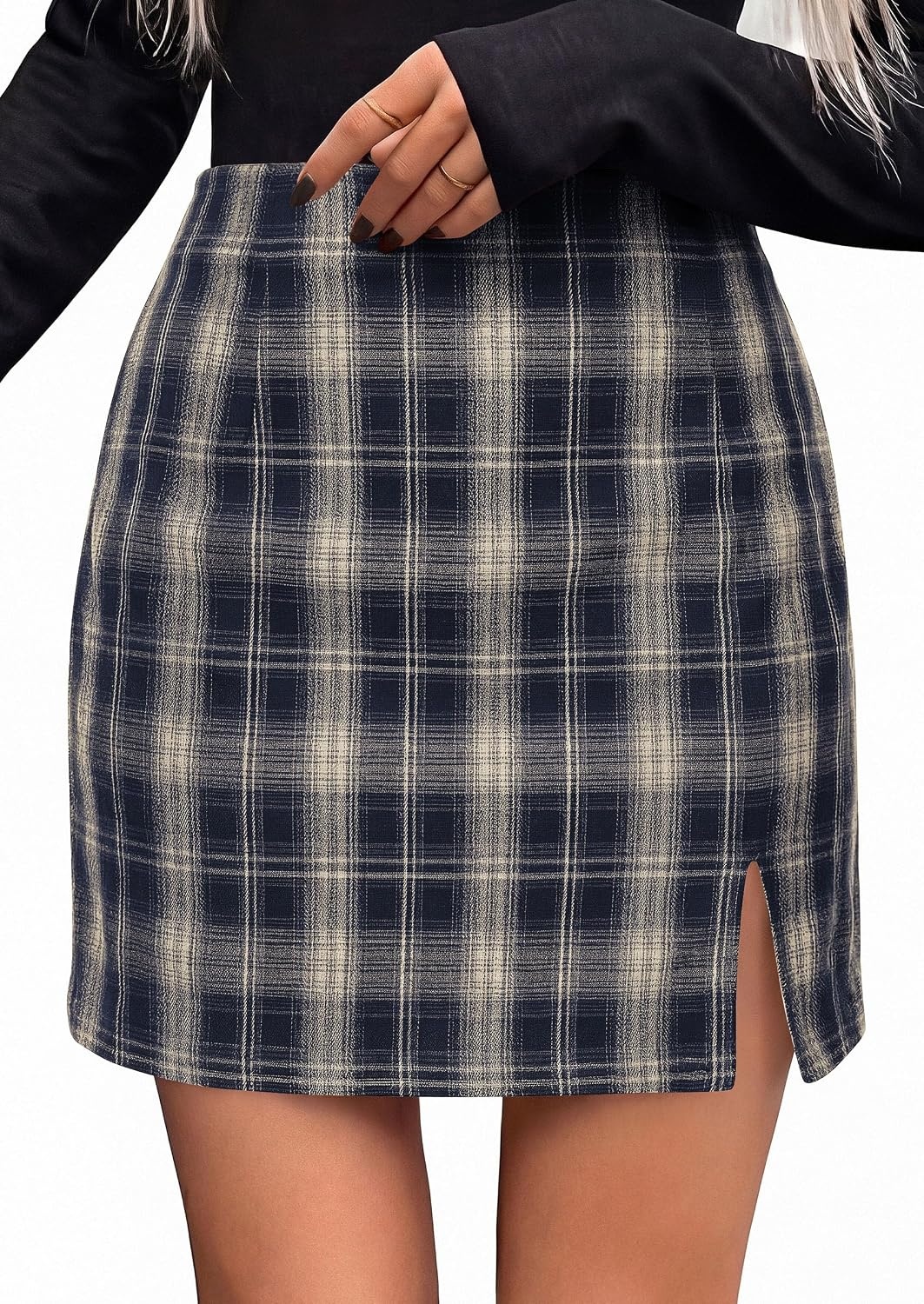 image:imagePRETTYGARDEN Womens Plaid Mini Bodycon Pencil Skirts Going Out Bottoms Skirt with Shorts Underneath High Elastic Waist Slit Fall Y2K Clothes for Date Night amp Holiday PartyNavy Blue