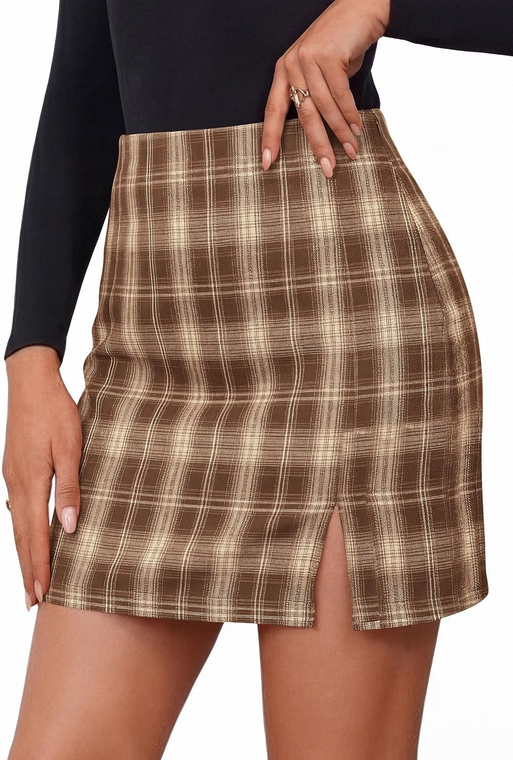 image:imagePRETTYGARDEN Womens Plaid Mini Bodycon Pencil Skirts Going Out Bottoms Skirt with Shorts Underneath High Elastic Waist Slit Fall Y2K Clothes for Date Night amp Holiday PartyKhaki