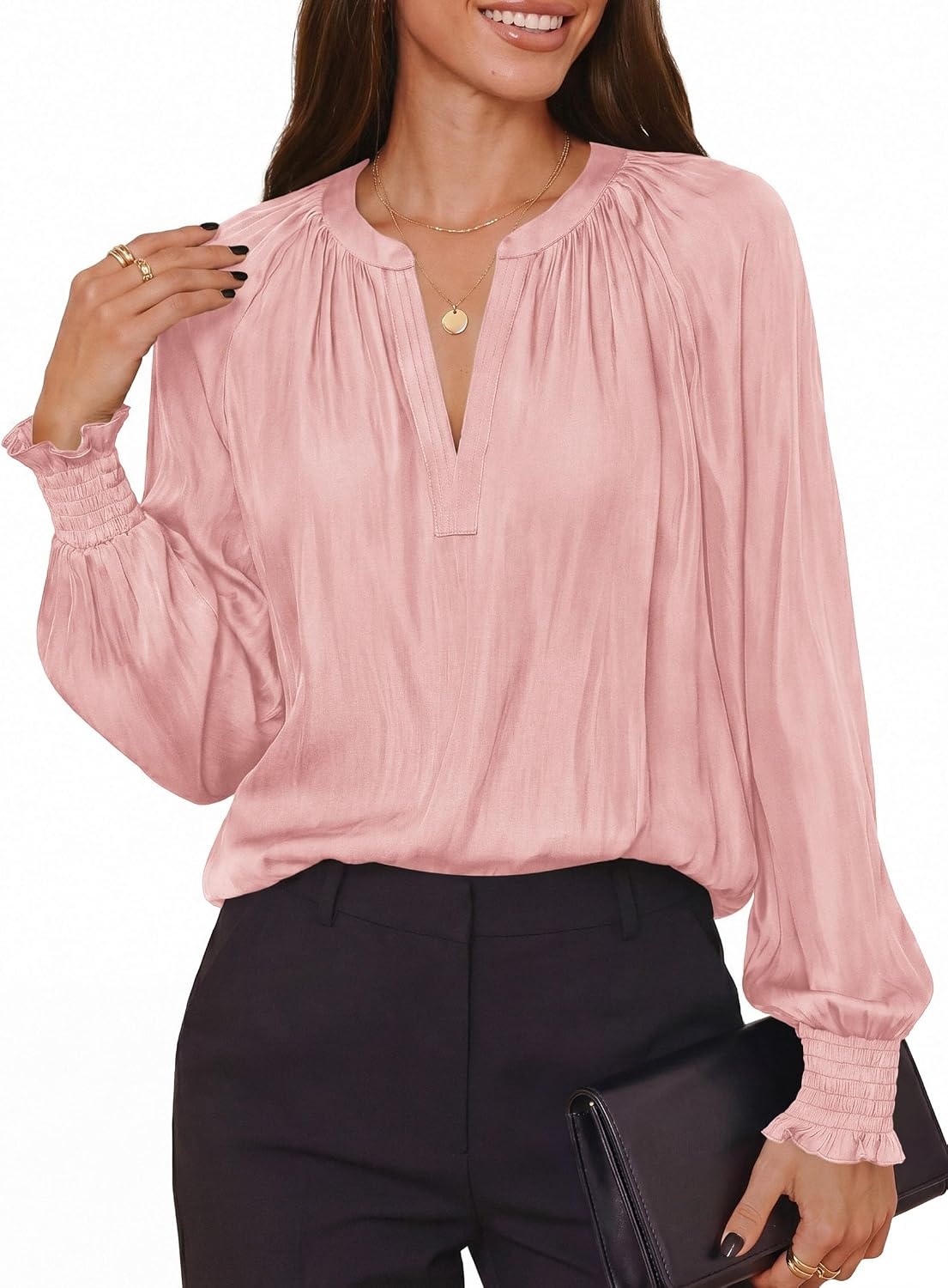 image:imagePRETTYGARDEN Womens Satin Blouses V Neck Long Sleeve Tops Dressy Silk Shirts Smocked Cuff Balloon Sleeves Smooth amp Soft Work Office Wear Business Casual Outfits Fall ClothesPink