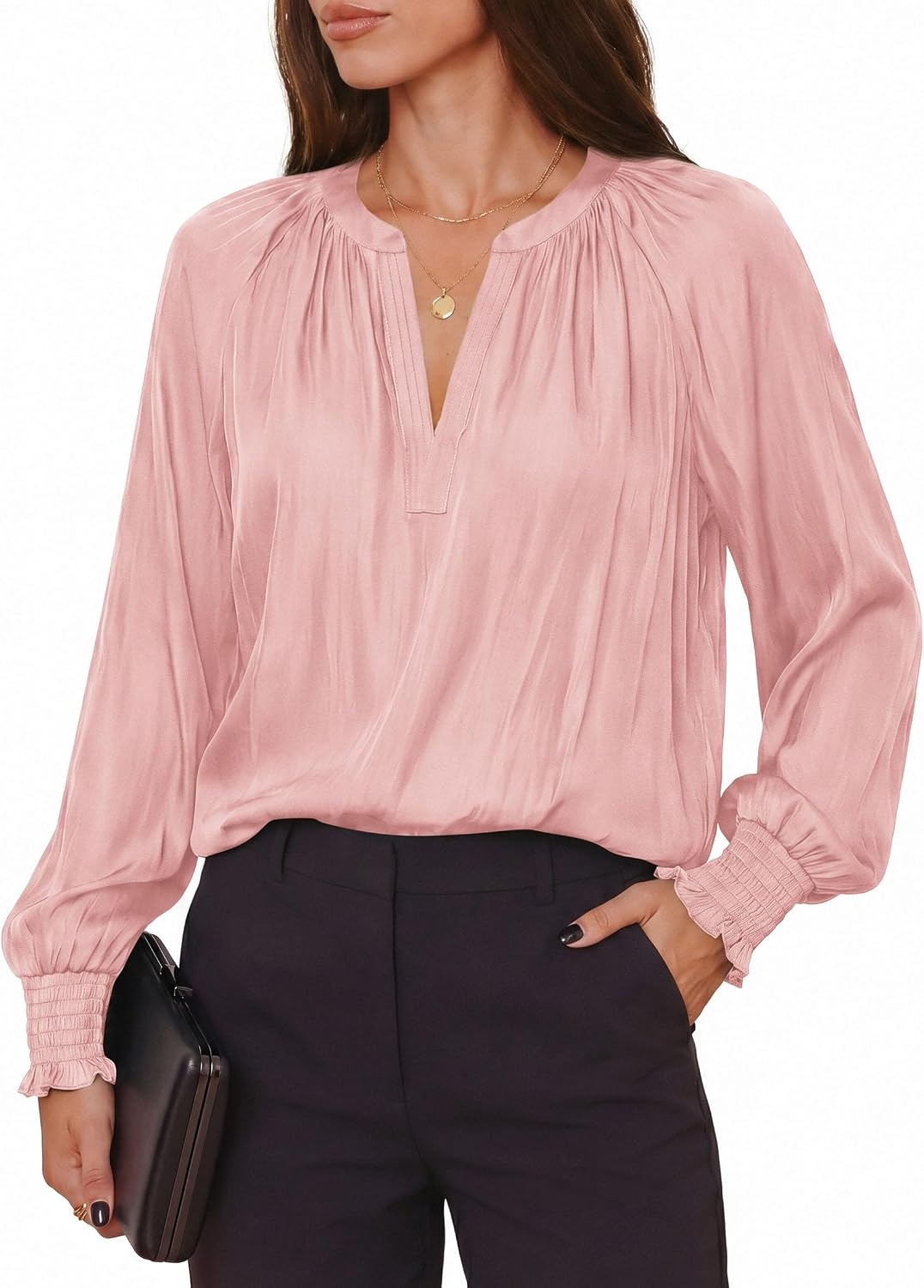image:imagePRETTYGARDEN Womens Satin Blouses V Neck Long Sleeve Tops Dressy Silk Shirts Smocked Cuff Balloon Sleeves Smooth amp Soft Work Office Wear Business Casual Outfits Fall ClothesPink