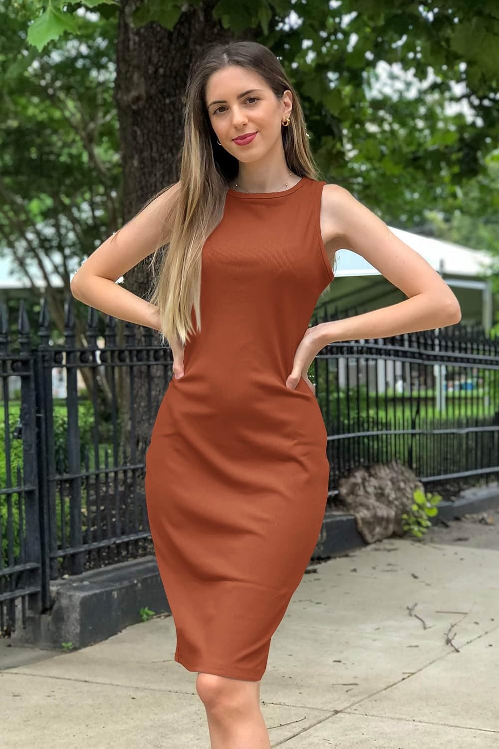 image:imagePRETTYGARDEN Womens Summer Ribbed Bodycon Midi Dresses Soft Stretchy Knit Sleeveless Tank Dress Slim Fitted Elegant Spring Outfit for Work Vacation Travel Date Night PartyBrick Red