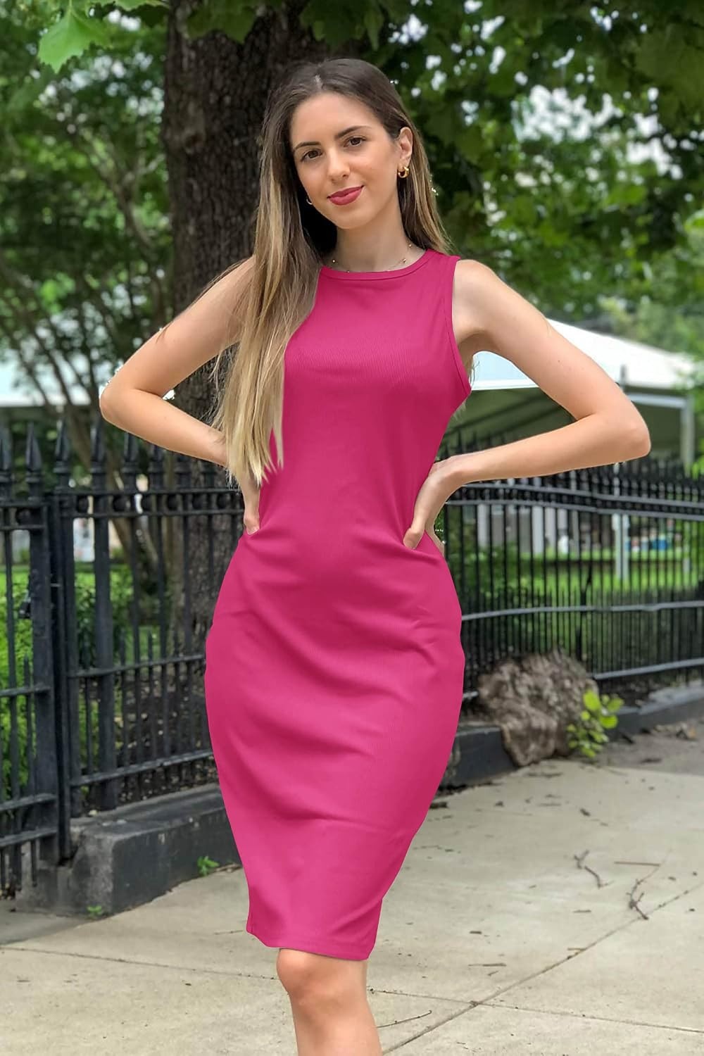 image:imagePRETTYGARDEN Womens Summer Ribbed Bodycon Midi Dresses Soft Stretchy Knit Sleeveless Tank Dress Slim Fitted Elegant Spring Outfit for Work Vacation Travel Date Night PartyRose Red